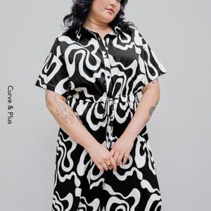 Cider Collar Wave Print Short Sleeve Drawstring Jumpsuit Curve & Plus